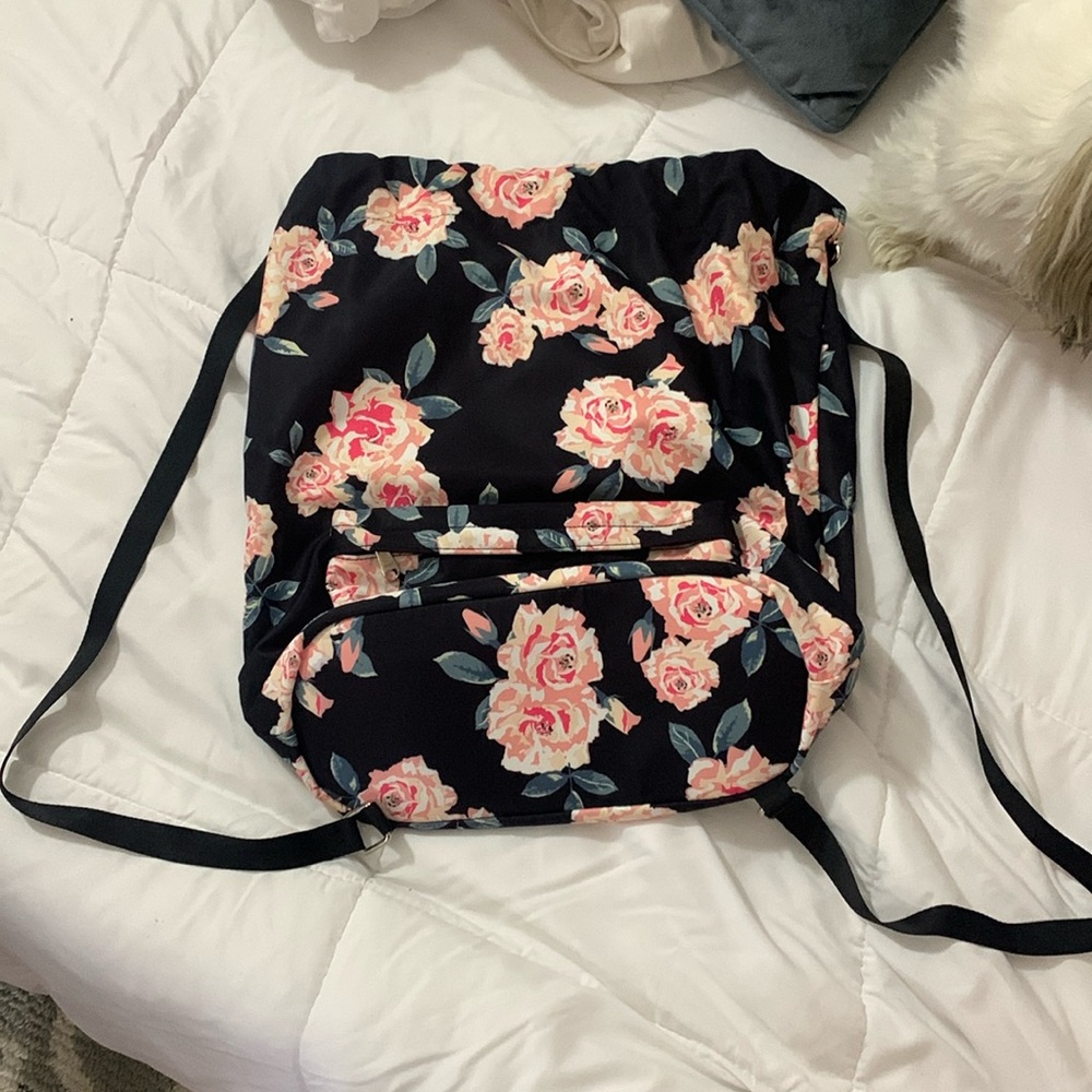 Black and pink floral drawstring bag